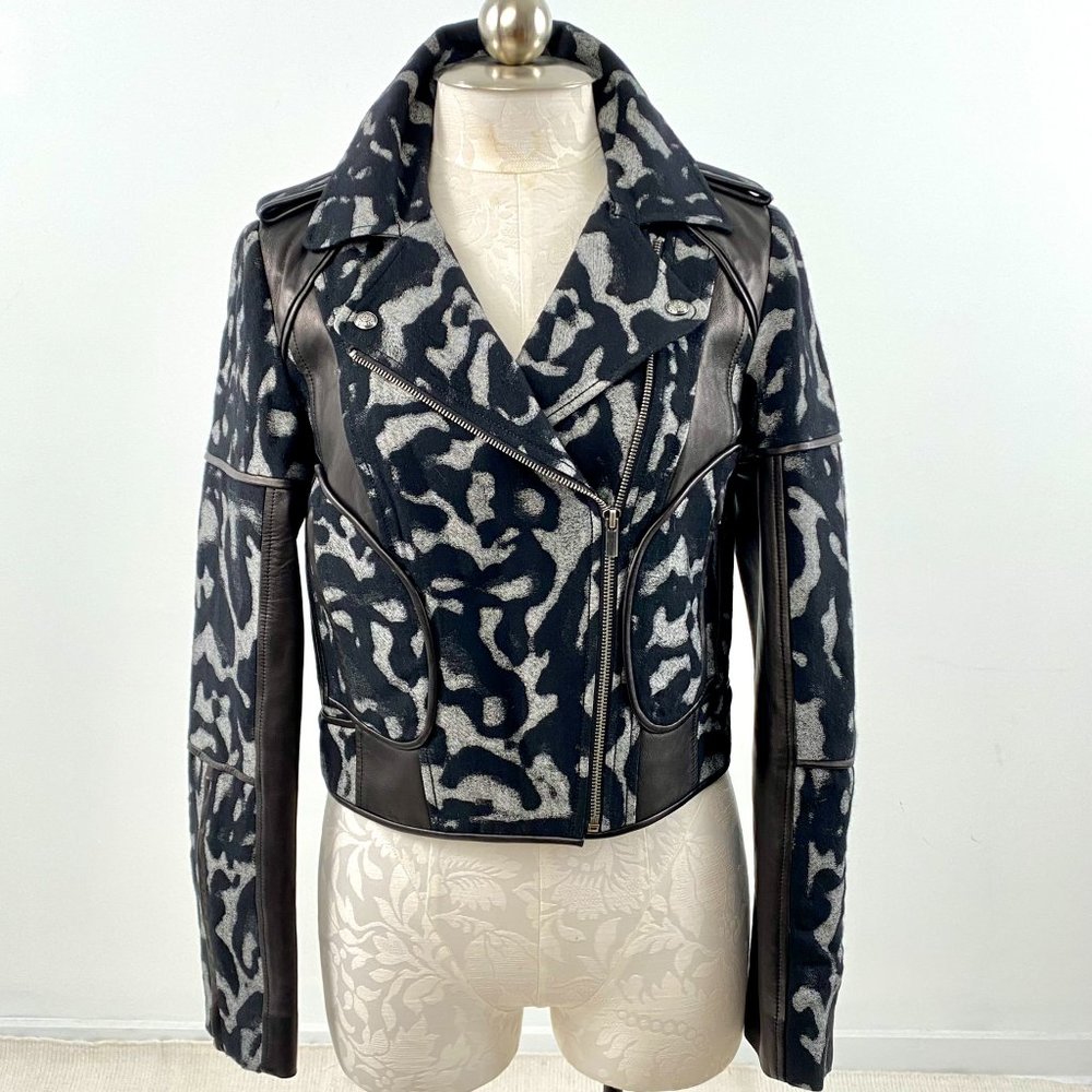 DVF Diane Von Furstenberg Jacket 6 S/M Moto Leather Wool Print Black Grey NWOT - Picture 15 of 15
